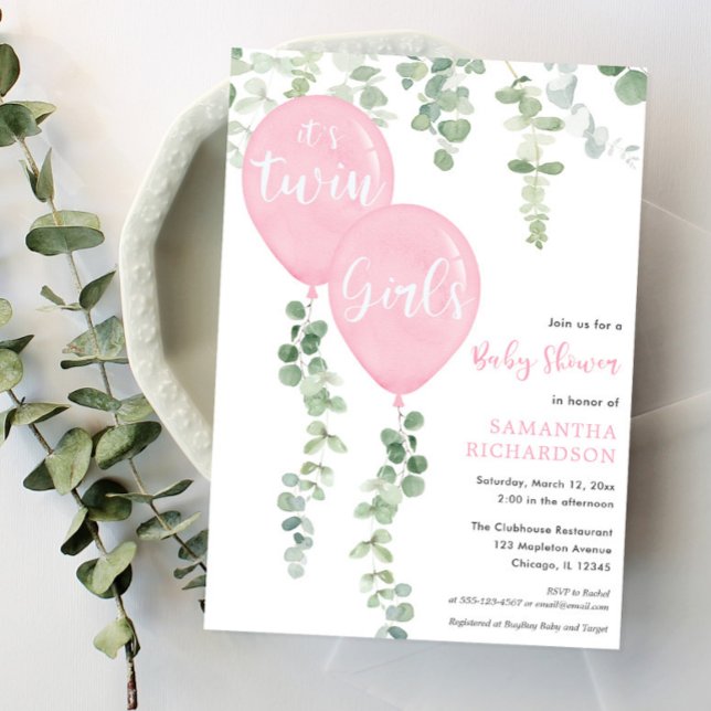 Twin girls eucalyptus pink balloons baby shower invitation (Creator Uploaded)