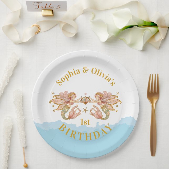 Twin Girls' Fairy Mermaid Birthday Paper Plate (Wedding)