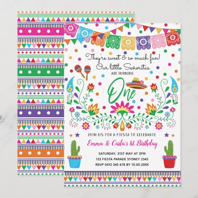 Twin Girls Fiesta Senorita 1st Birthday Party Invitation (Front/Back)