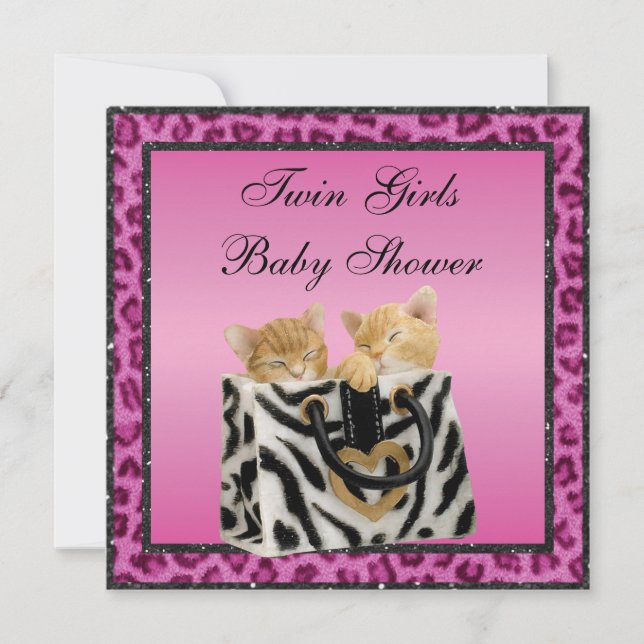Twin Girls Kittens Pink Leopard Print Baby Shower Invitation (Front)