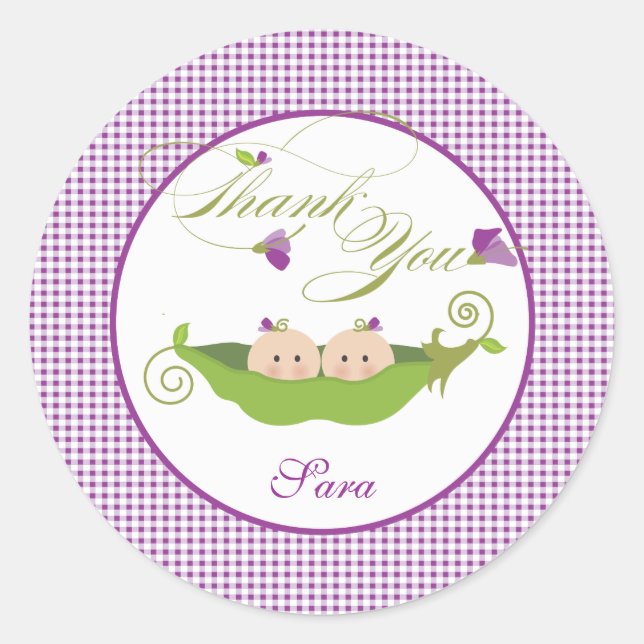 Twin Girls Pea in a Pod Baby Shower Favour Sticker (Front)