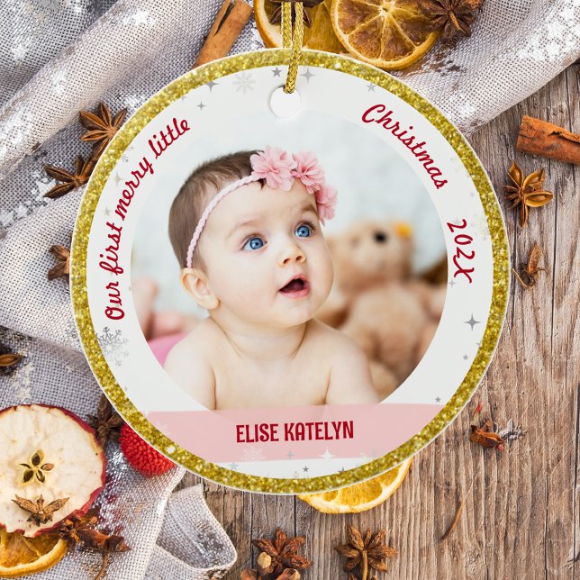 Twin Girls Photos Our First Merry Little Christmas Ceramic Tree Decoration (Modern Elegant Cute Our First Merry Little Christmas Twins Baby Girls 2 Photos Snowflakes Golden)