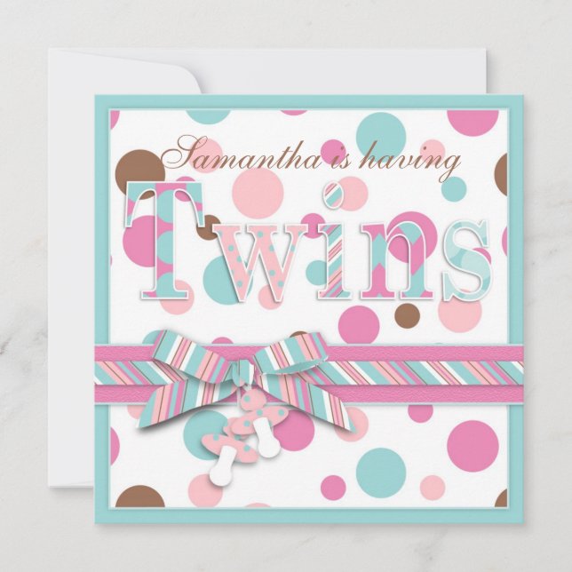 TWIN GIRLS Pink Aqua Brown Dots Baby Shower Invitation (Front)