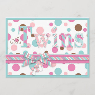 TWIN GIRLS Pink Aqua Brown Dots Baby Shower Invitation