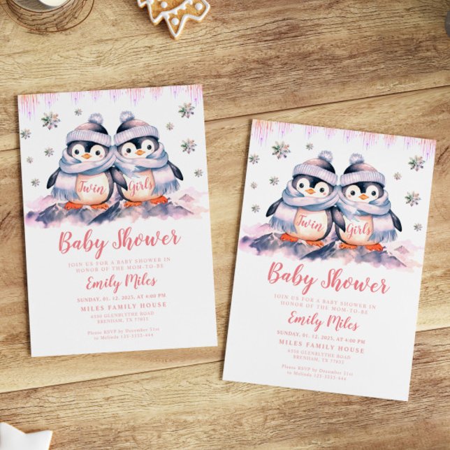 Twin Girls Pink Baby Shower Penguin Invitation (Creator Uploaded)
