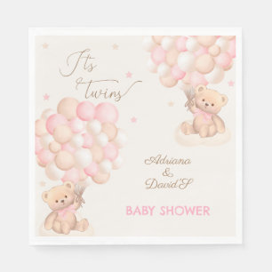 Twin Girls Pink Bear Balloons Baby Shower Napkin