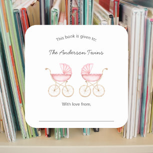 Twin girls pink carriages Baby Shower Square Sticker