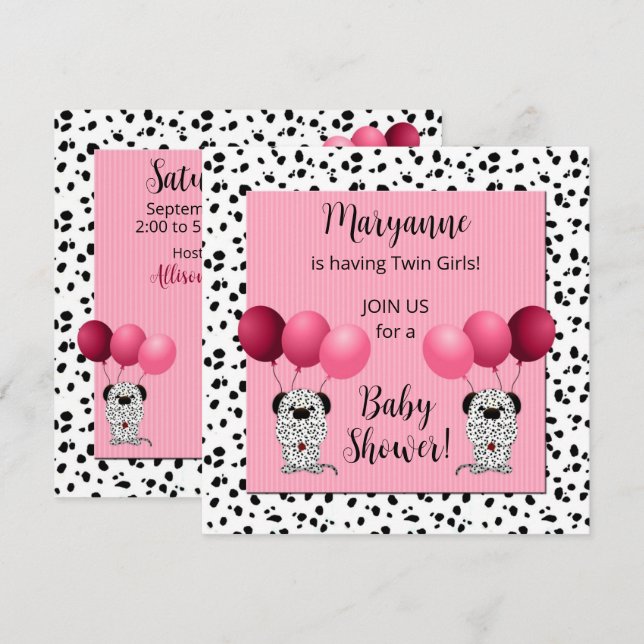 Twin Girls Pink Dalmatian Baby Shower Invitation (Front/Back)