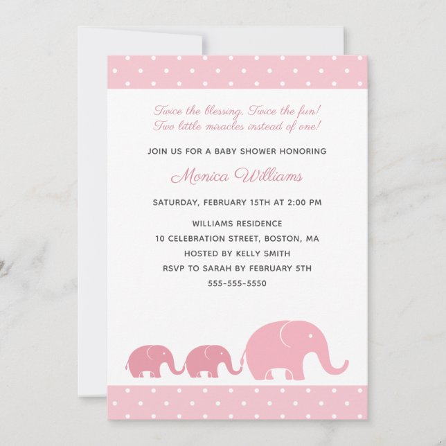 Twin Girls Pink Elephant Baby Shower Invitations (Front)