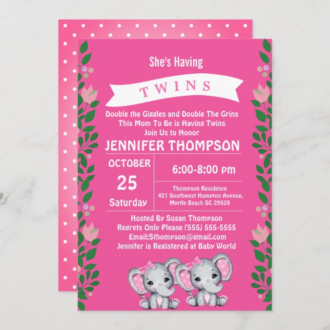 Twin Girls Pink Elephant Invitation (Front/Back)
