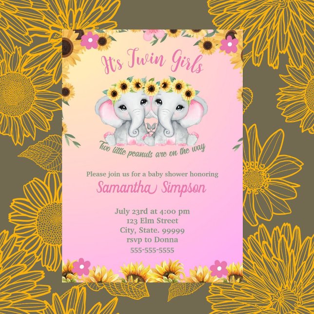 Twin Girls Pink Elephant Sunflower Baby Shower  Invitation (Creator Uploaded)