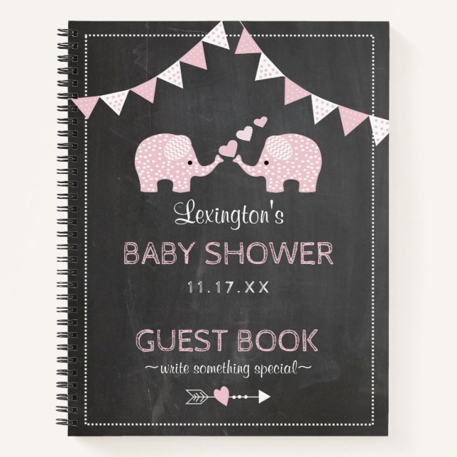 Twin Girls Pink Elephants Baby Shower Guest Book | (Front)