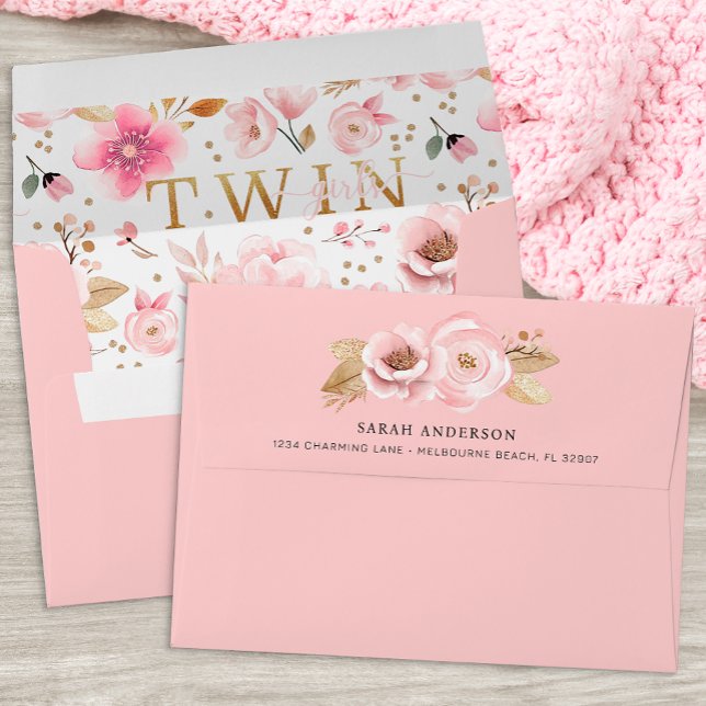 Twin Girls Pink Floral Baby Shower Envelope (Twin Girls Themed Envelope )