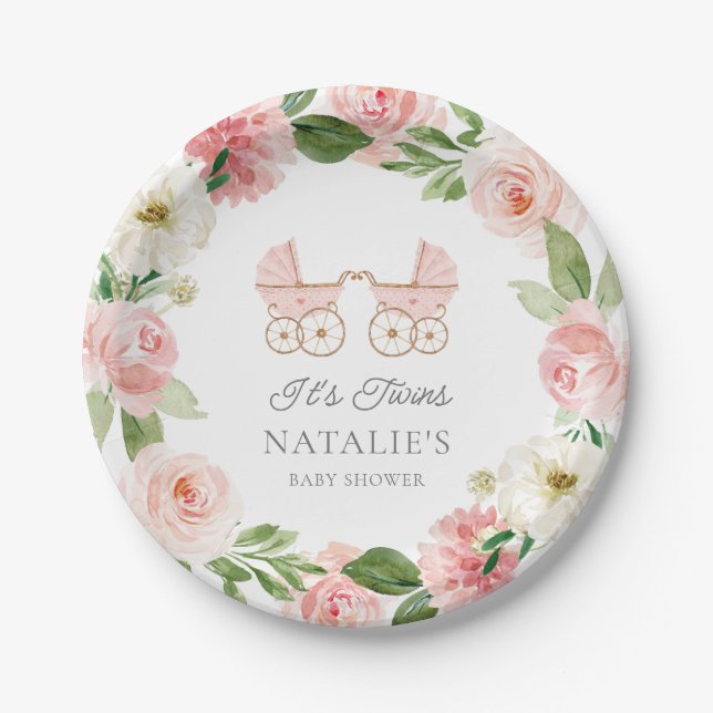 Twin Girls Pink Floral Baby Shower Paper Plate (Front)