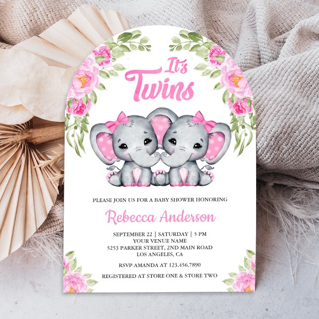 Twin Girls Pink Floral Elephant Arch Baby Shower Invitation (Creator Uploaded)