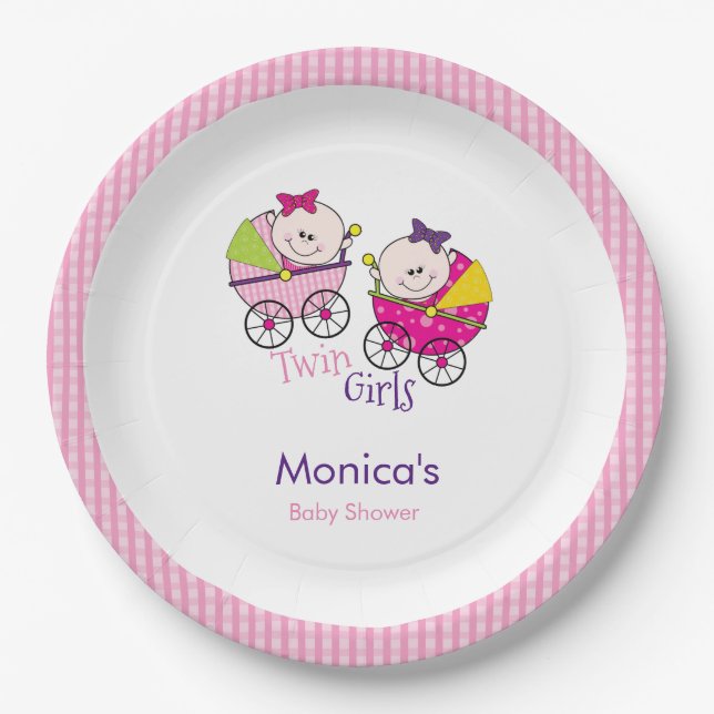 Twin Girls Pink Gingham Baby Shower Paper Plate (Front)