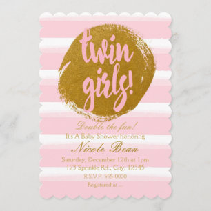 TWIN GIRLS Pink Gold Foil Watercolor Invitation