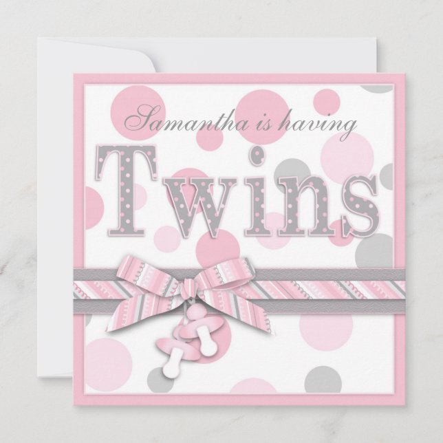 TWIN GIRLS Pink Grey Dots Baby Shower Invitation (Front)