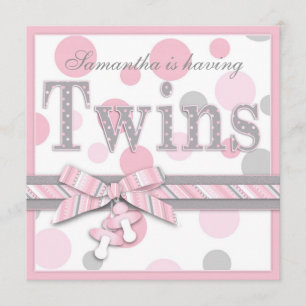 TWIN GIRLS Pink Grey Dots Baby Shower Invitation