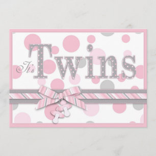 TWIN GIRLS Pink Grey Dots Baby Shower Invitation