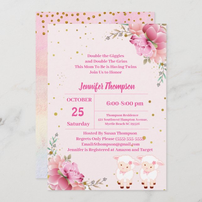 Twin Girls Pink Lambs Invitation (Front/Back)