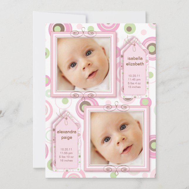 Twin Girls Pink Polka Dot Photo Announcement (Front)
