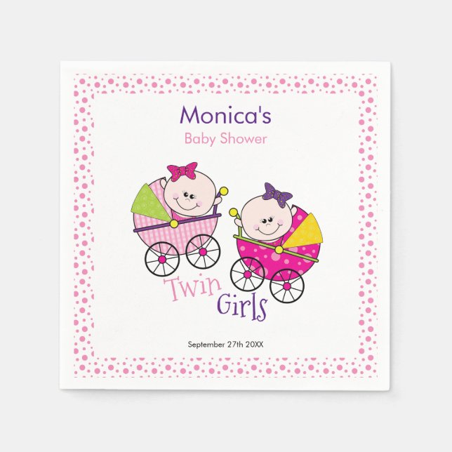 Twin Girls Pink Polka Dots Baby Shower Napkin (Front)