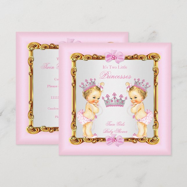 Twin Girls Princess Baby Shower Gold Pink Blonde Invitation (Front/Back)
