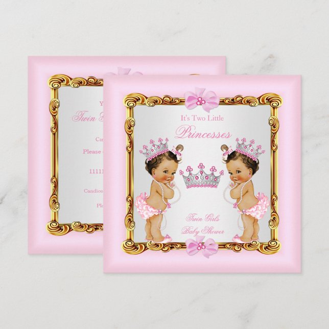 Twin Girls Princess Baby Shower Gold Pink Brunette Invitation (Front/Back)