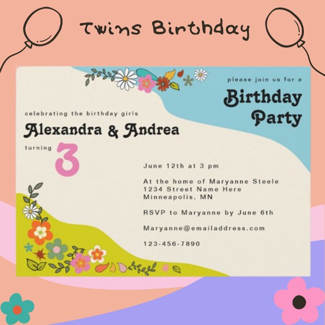 Twin Girls Retro 70's Floral Birthday Party Invita Invitation (Creator Uploaded)