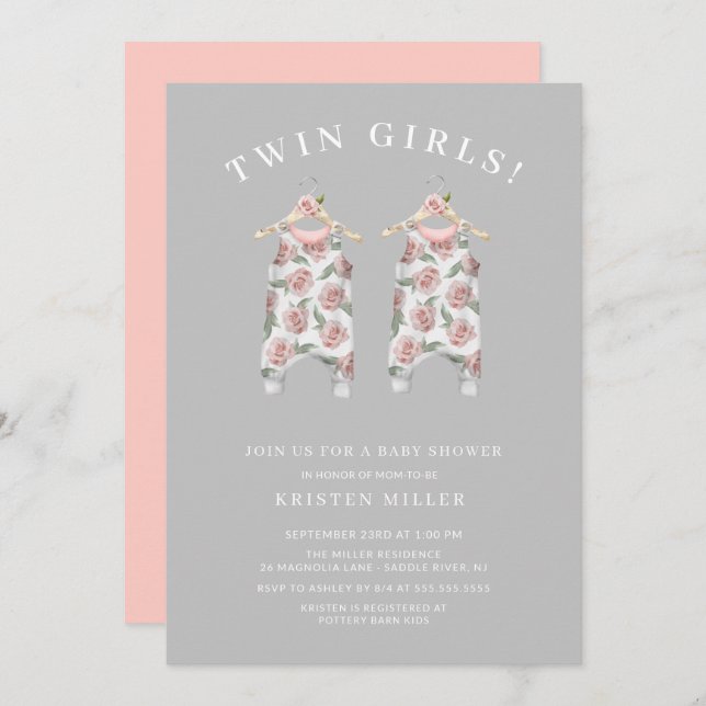 Twin Girls Roses Romper Baby Shower Invitation (Front/Back)