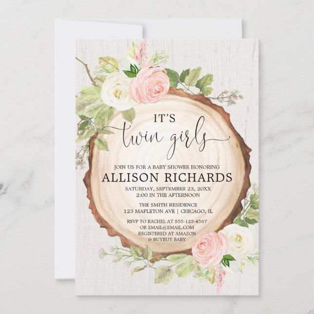 Twin girls Rustic outdoor girl twins baby shower Invitation (Front)