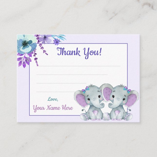 Twin Girls Thank You Card Elephant Purple Teal  (Front)
