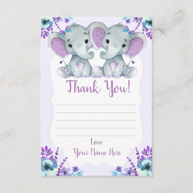 Twin Girls Thank You Cards with Elephants Flowers  (Front)