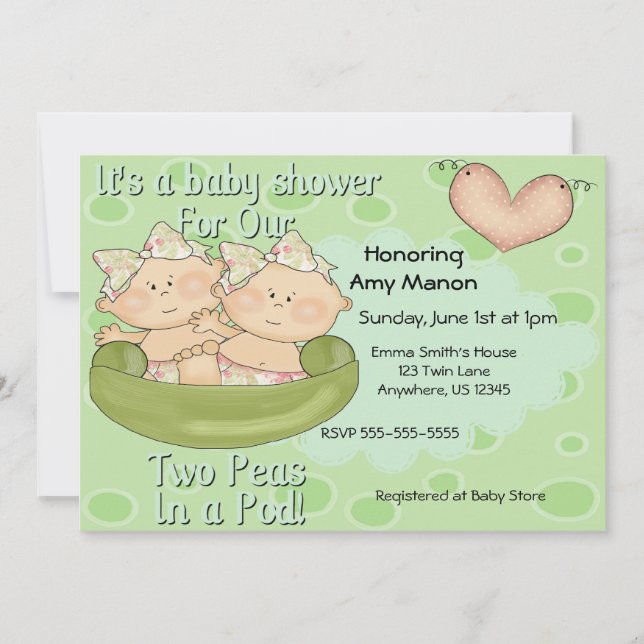 Twin Girls Two Peas in Pod Baby Shower Invitation (Front)