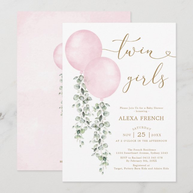 Twin Girls Watercolor Pink Balloons Baby Shower Invitation (Front/Back)