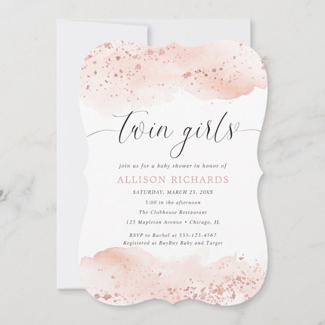 Twin girls watercolor rose gold blush pink glitter invitation (Front)