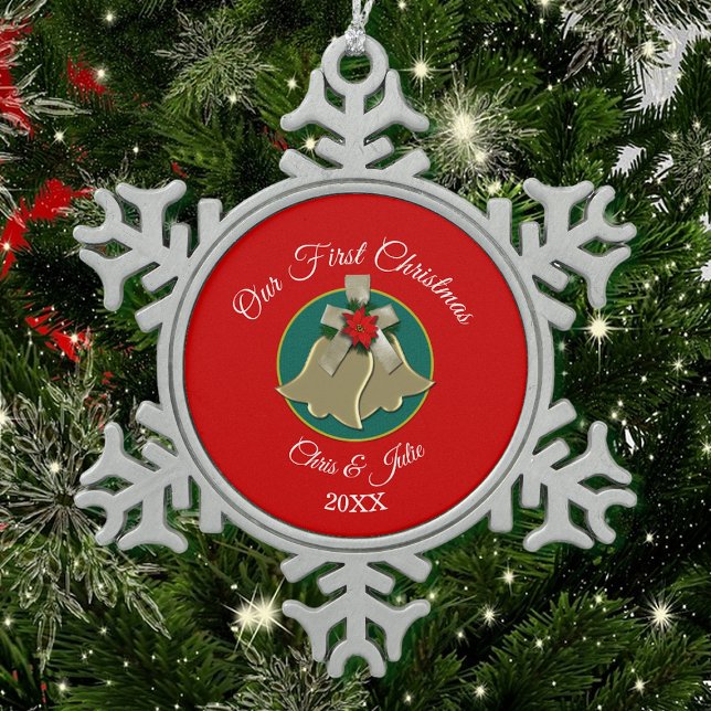 Twin Gold Bells Our First Christmas Snowflake Pewter Christmas Ornament (Creator Uploaded)