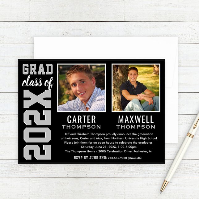 Twin Grads Class of 2026 Photo Black Silver Invitation (Creator Uploaded)