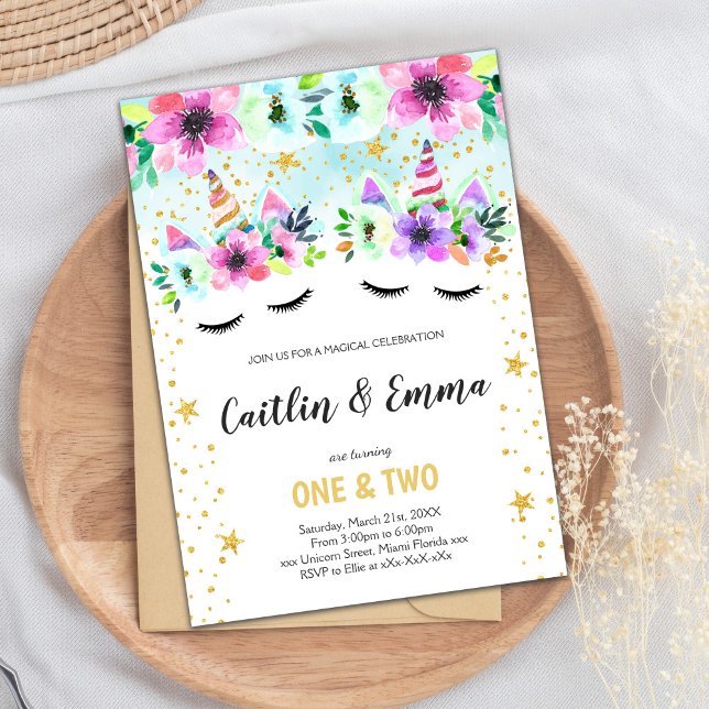 Twin Green Floral Unicorn Birthday Invitation (Twin Green Floral Unicorn Invitations)