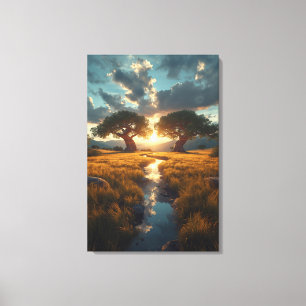 Twin Guardians – Golden Meadow Sunset Canvas Print