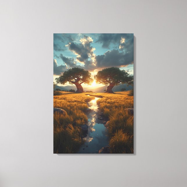 Twin Guardians – Golden Meadow Sunset Canvas Print (Front)