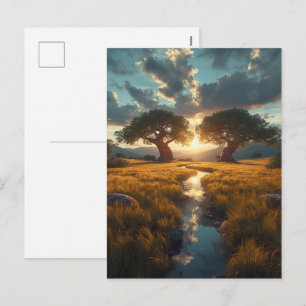 Twin Guardians – Golden Meadow Sunset Postcard