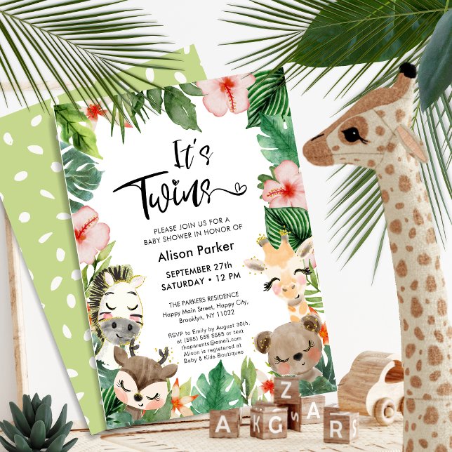 Twin Jungle Safari Tropical Greenery Baby Shower Invitation (Creator Uploaded)