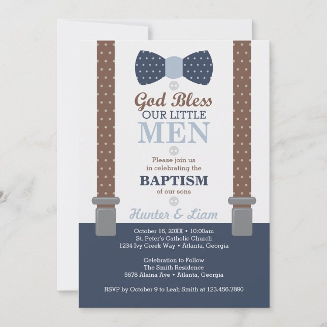 Twin Little Men Baptism Invitation, Blue, Brown Invitation (Front)