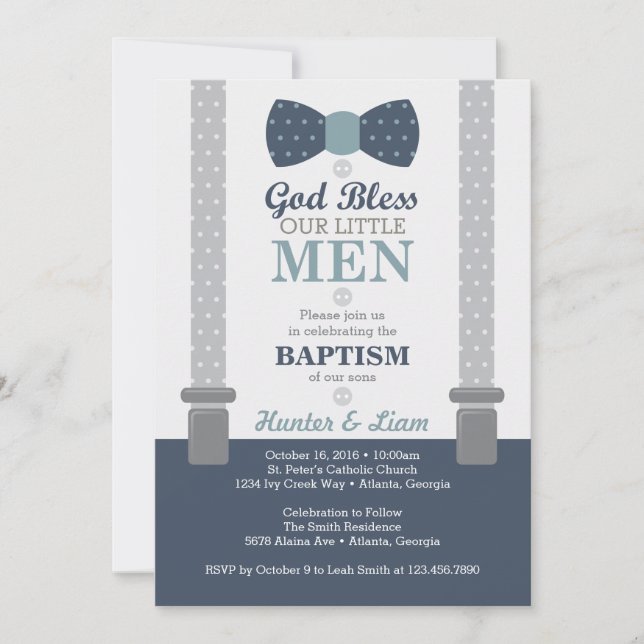 Twin Little Men Baptism Invitation, Blue, Grey Invitation (Front)