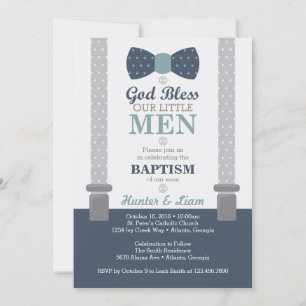 Twin Little Men Baptism Invitation, Blue, Grey Invitation