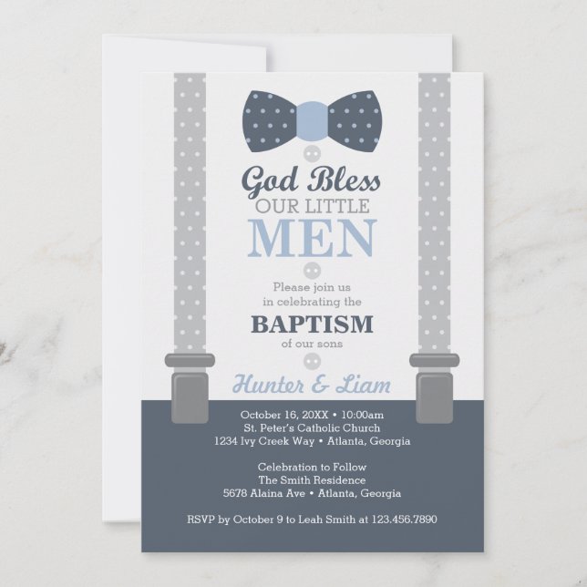 Twin Little Men Baptism Invitation, Blue, Grey Invitation (Front)
