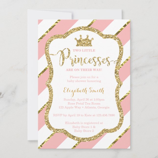 Twin Little Princesses Shower Invite, Faux Glitter Invitation (Front)