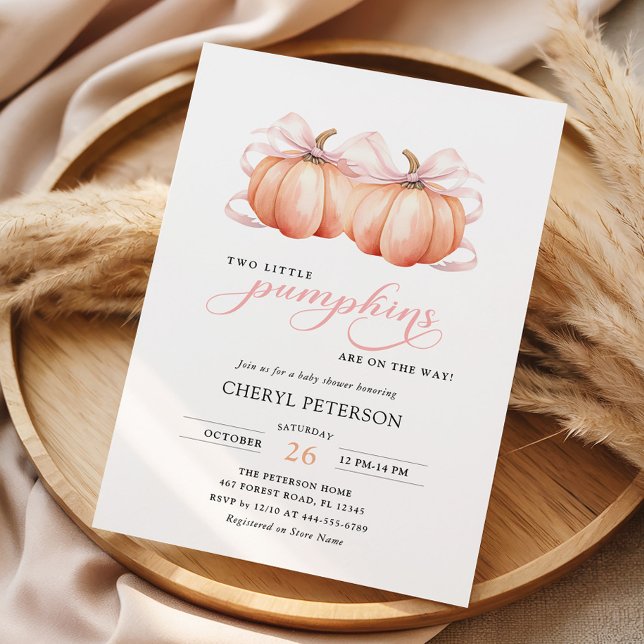 TWIN Little Pumpkins Pink Bow Baby Shower Invitation (Creator Uploaded)